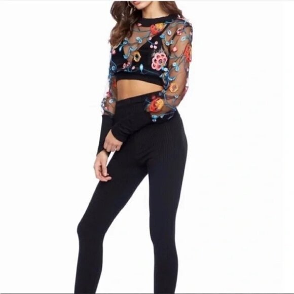 NEW COSMOPOLITAN x DRESS THE POPULATION MESH FLORAL BLACK LONG SLEEVE CROP TOP - Picture 4 of 15